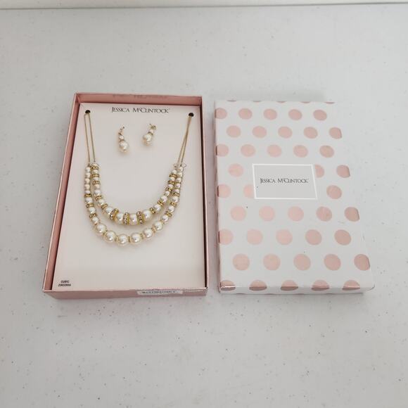Jessica McClintock Necklace and Earrings Pearl Rhinestones - Picture 5 of 7